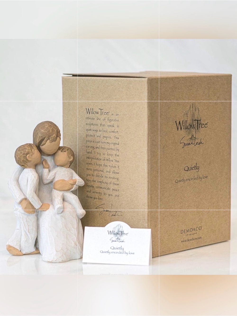 Willow Tree “quietly” figurine image – cream and black text